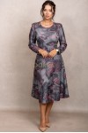 Rochie Andrada din jerse gri cu flori roz, maneca lunga si catarama in talie